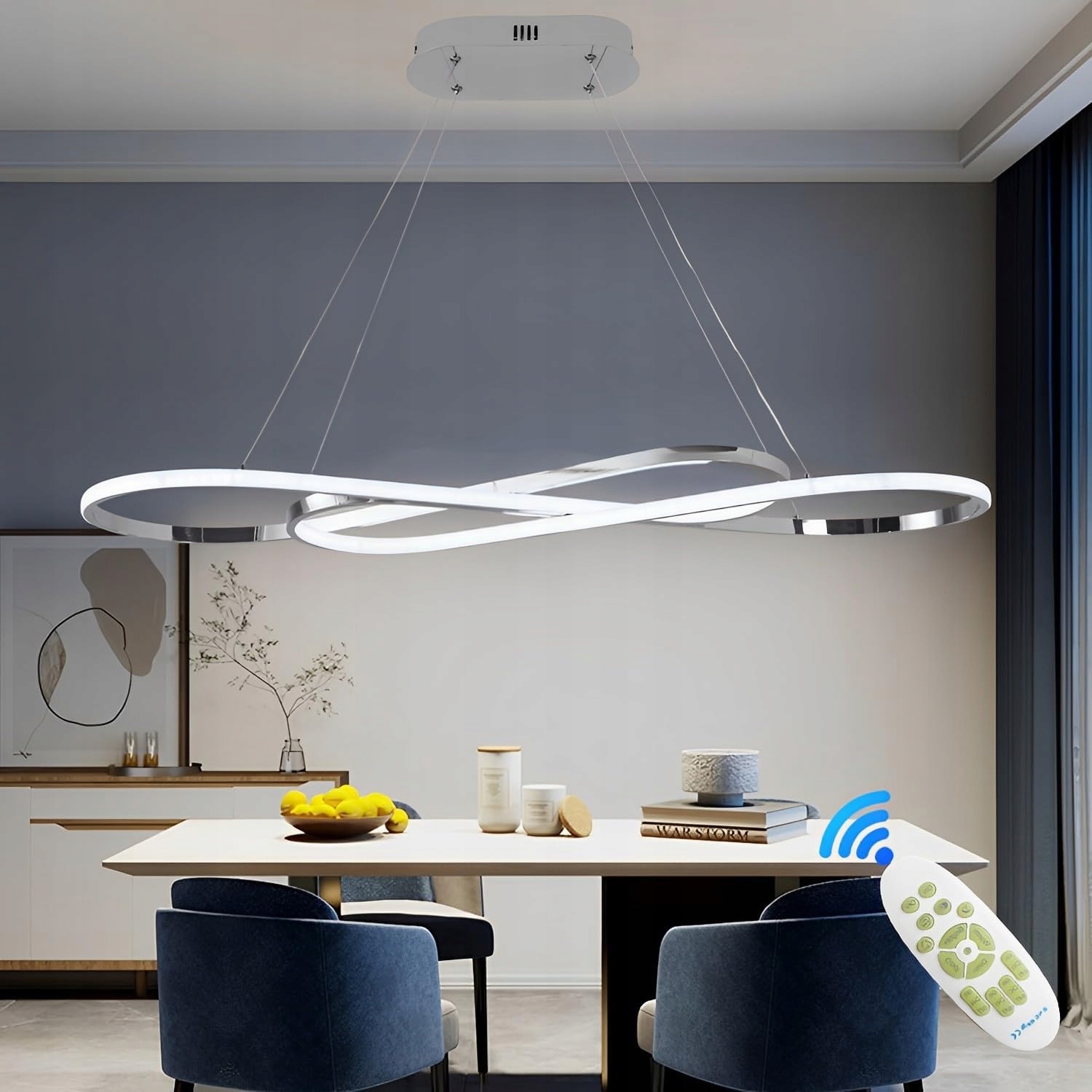 Srebrna Lampa Wisząca Led 100 cm 57W Podwójna Ósemka 3000–6000K Pilot Salon