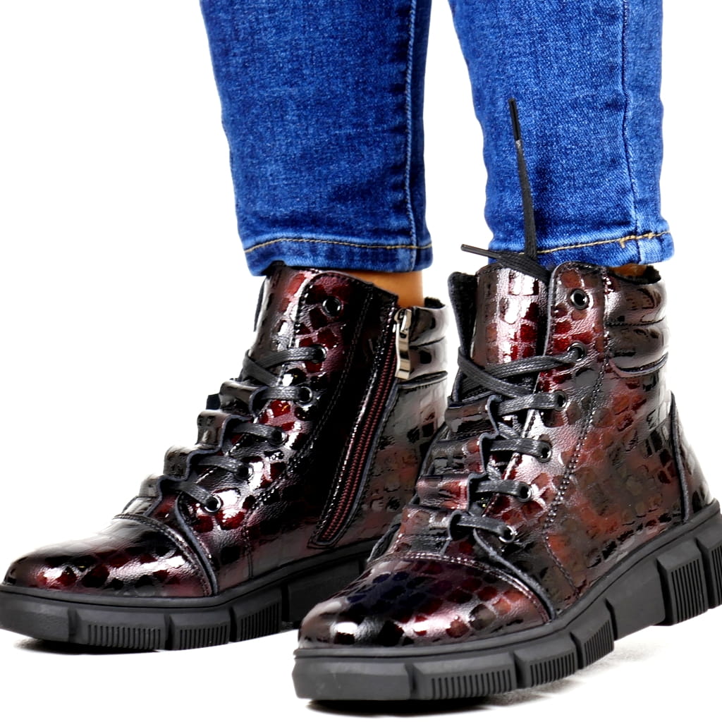 Bordó Kotníkové Boty Boty Zateplené Kožešinou Kotníkové Boty Ploché Šněrovací A Na Zip