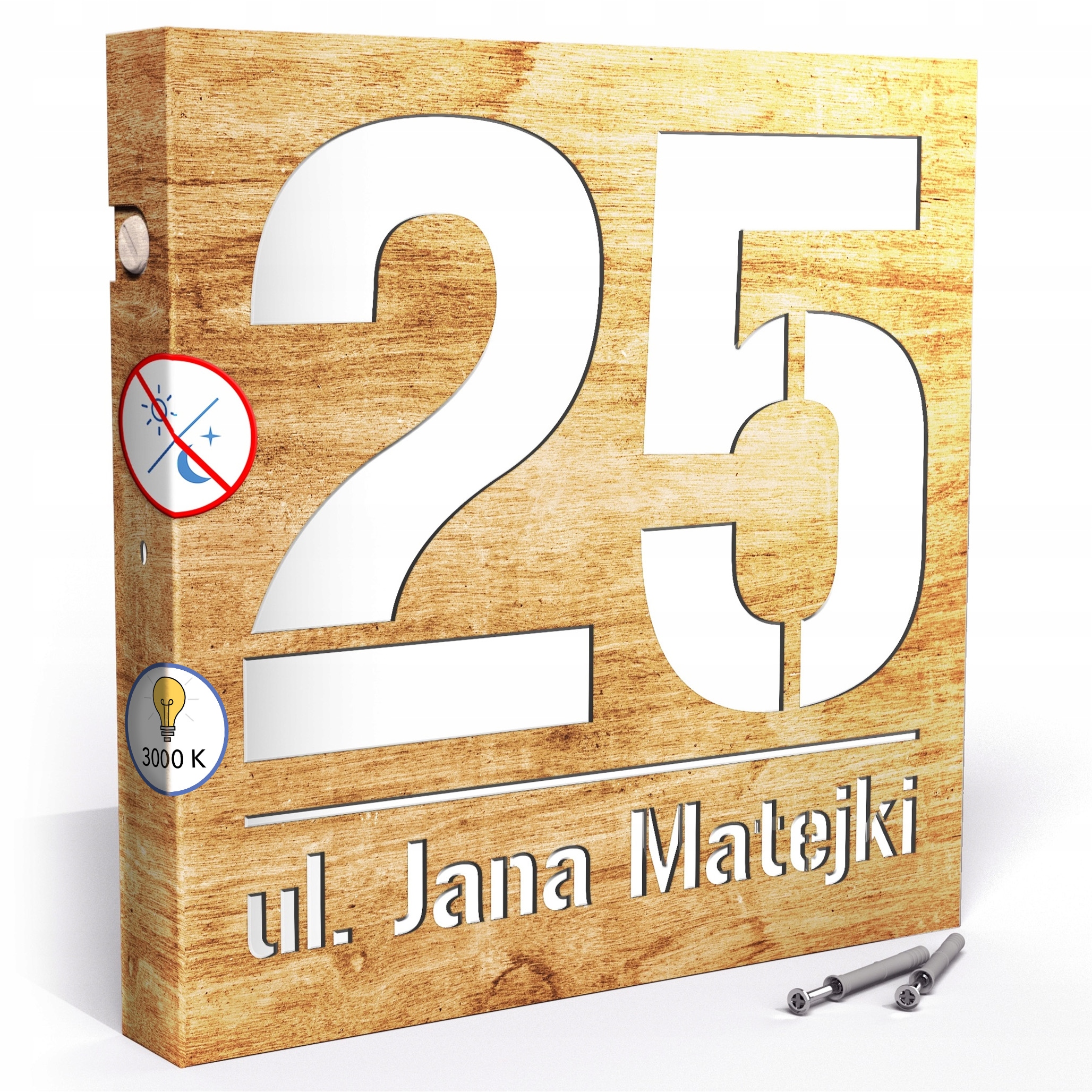 Led tabulka 3000k 30x30 cm Teplá barva Číslo na dům Světlý dub Led čísla