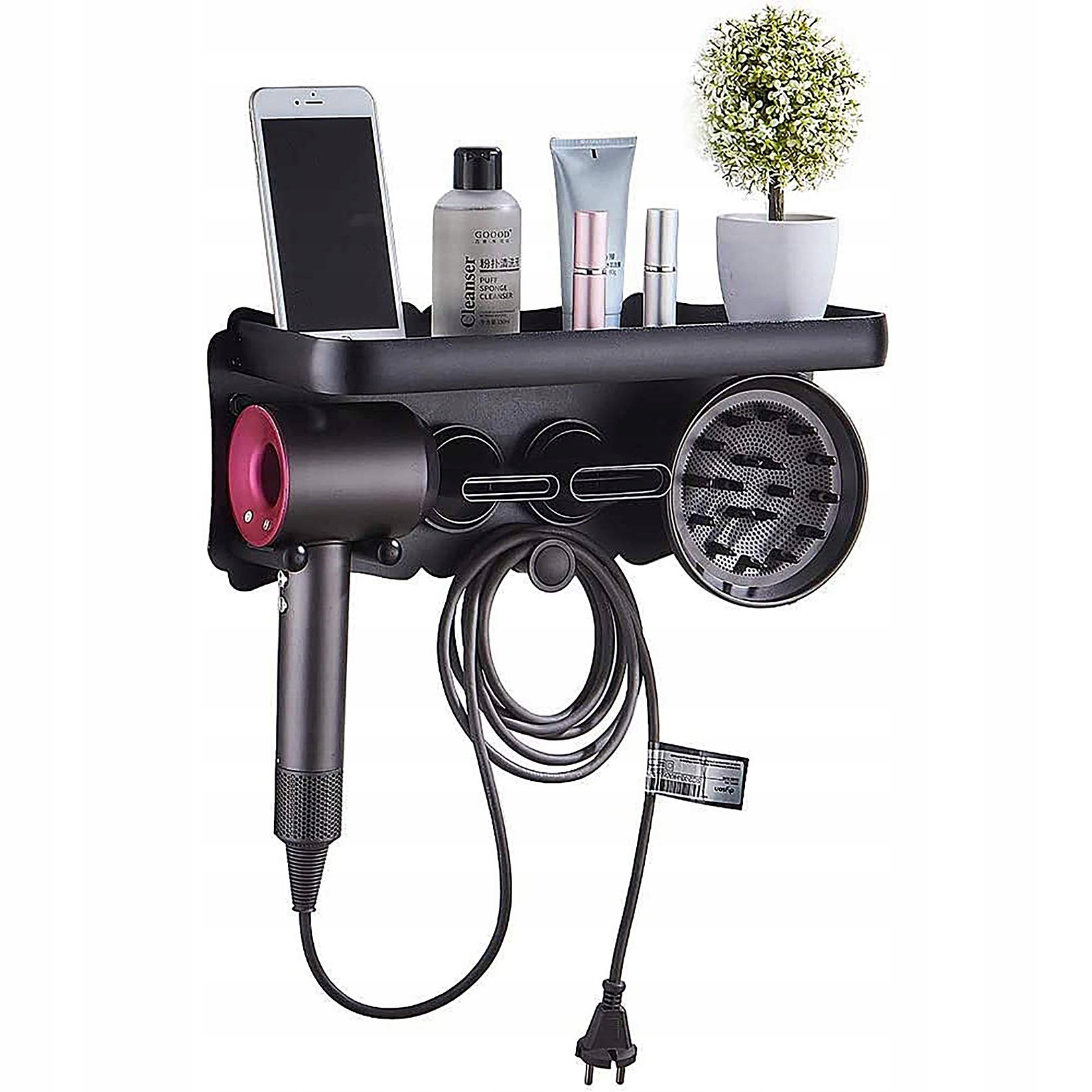 stojan na vysoušeč vlasů koupelnová polička 2v1