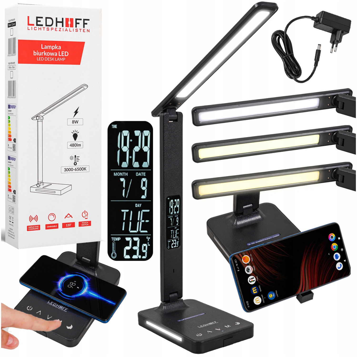 Led stolní lampa s displejem na stůl Hodiny budík noční Nabíječka