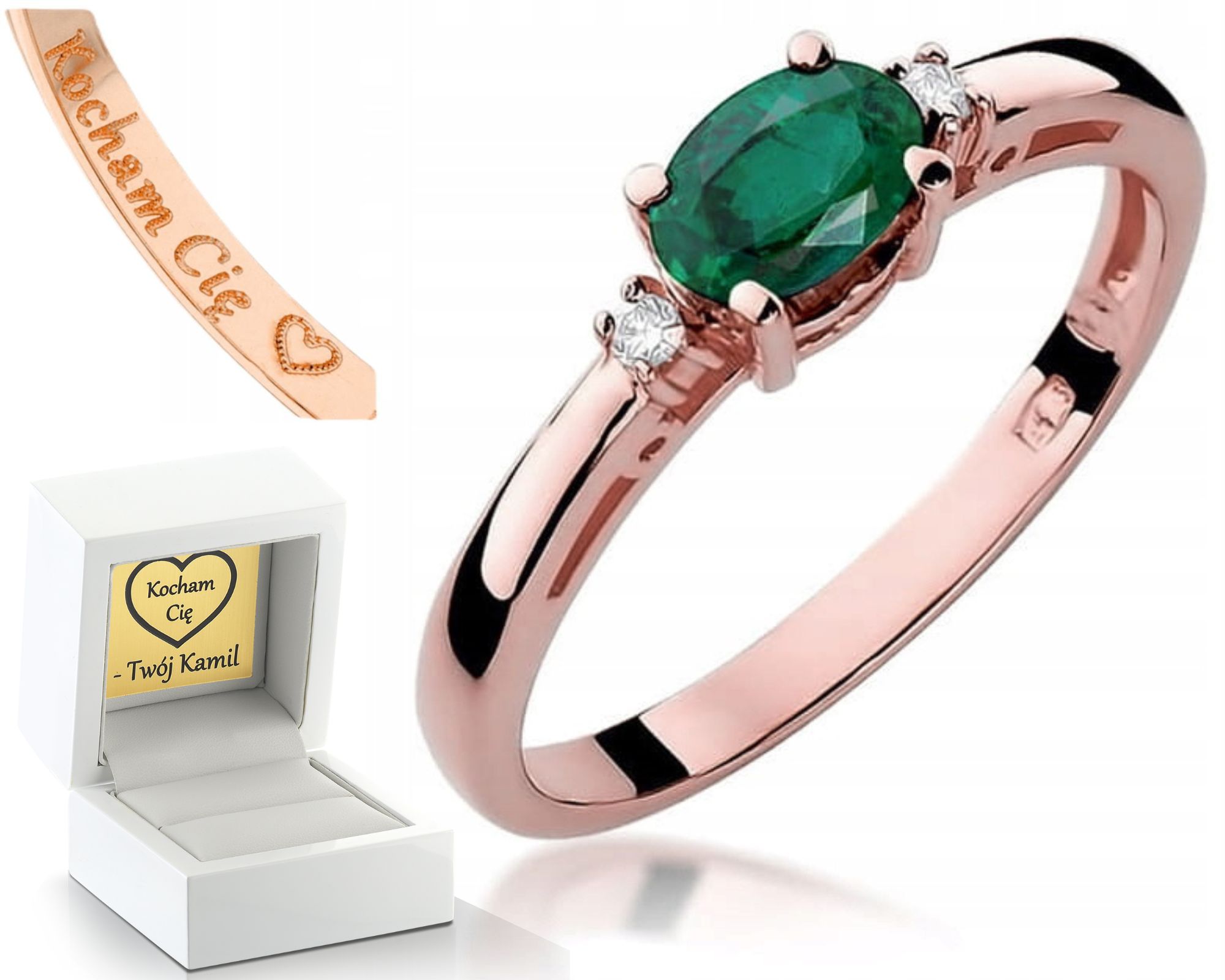 Růžový Zlatý Prstýnek Prsten Se Smaragd A 585 Diamanty, Gravírování Bonus