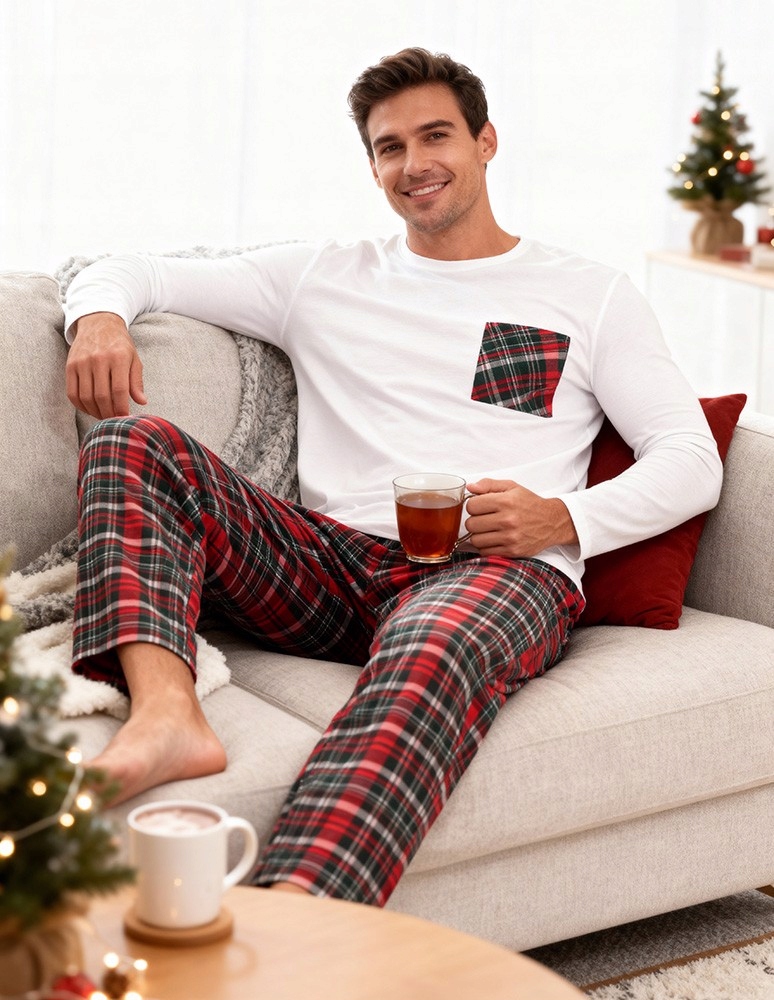 Pánské Dvoudílné Pyžamo 100% Bavlna S Dlouhým Rukávem, Kostkované Kalhoty Moraj XXL