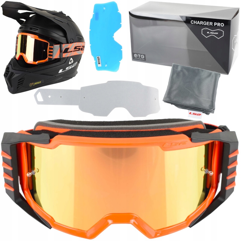 Gogle Cross Enduro LS2 Charger Pro Pomarańczowe Lustrzane 2 x Szyba, Zrywki