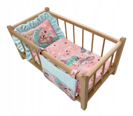 DREWNIANE ŁÓŻECZKO DLA LALEK + POŚCIEL W JEDNOROŻCE