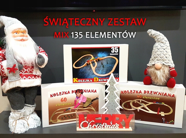 KOLEJKA DREWNIANA - MIX 135 ELEMENTÓW - PRODUCENT ! (Christmas Edit) Materiał drewno