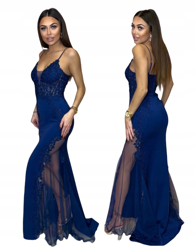 Dlouhé tmavě modré šaty s rybkou na ples svatební hostina na ples L