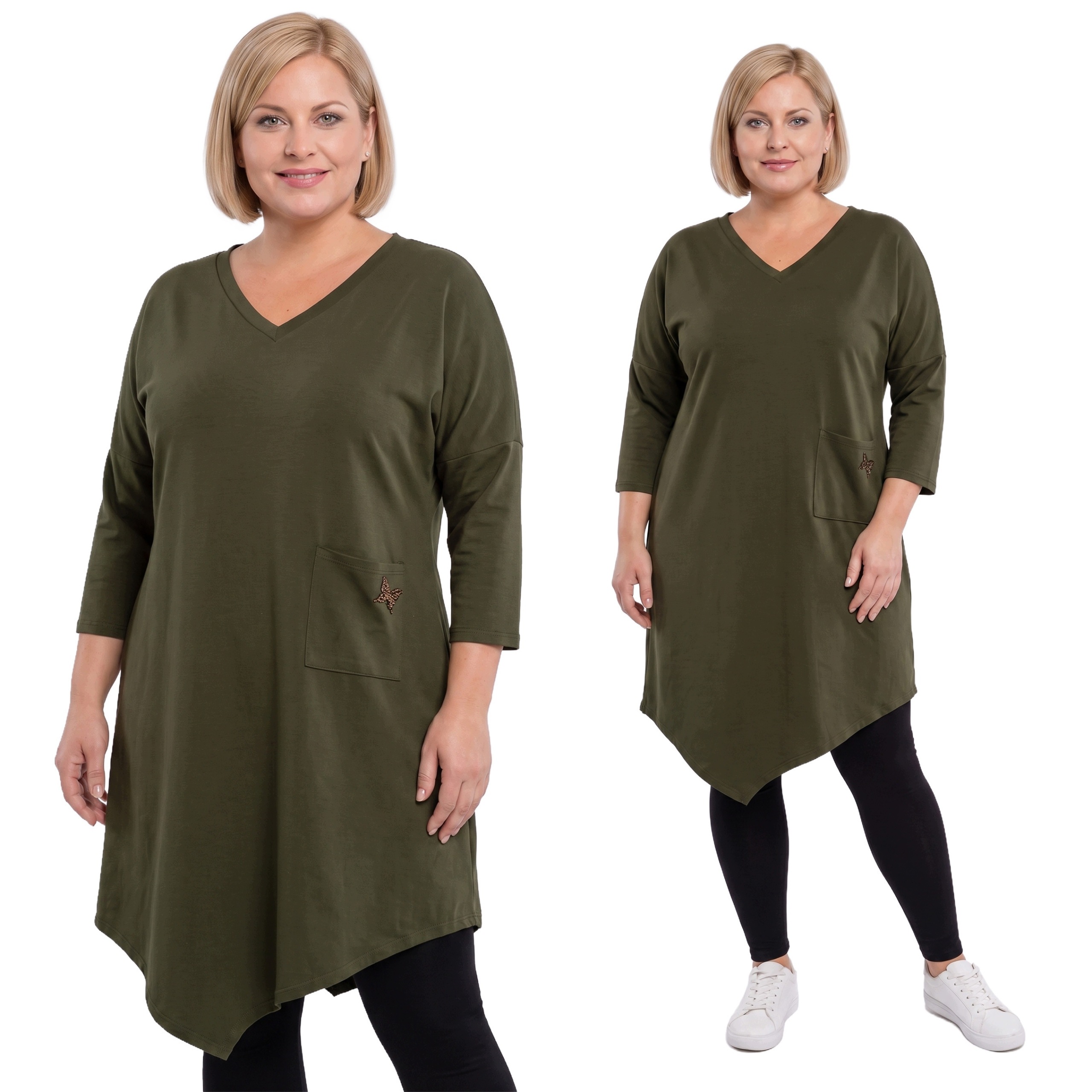 Khaki bavlněná tunika s ozdobou plus size velikost 56/58