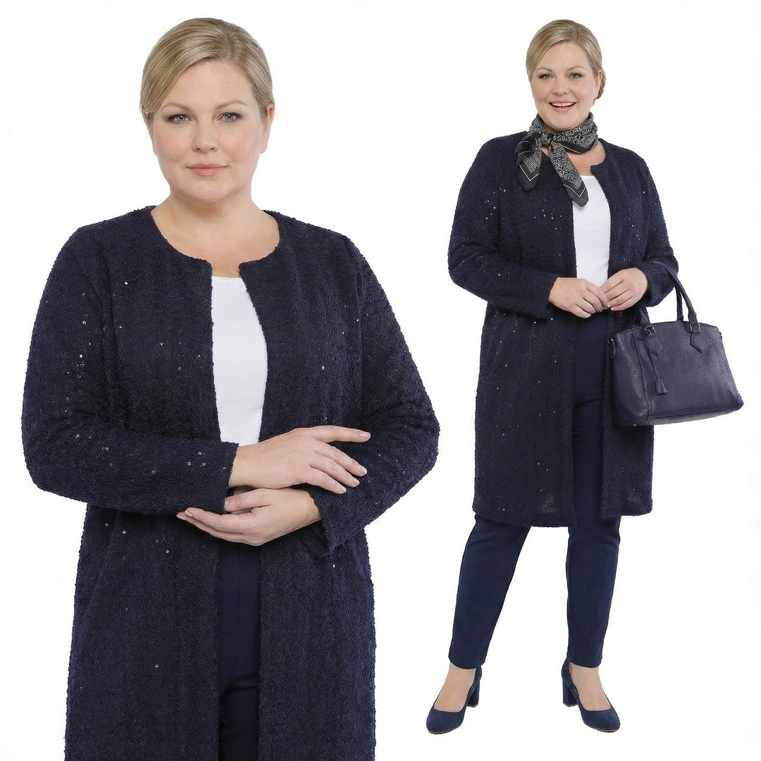 Tmavě modrý kardigan s flitry a velikostí, velikost 56