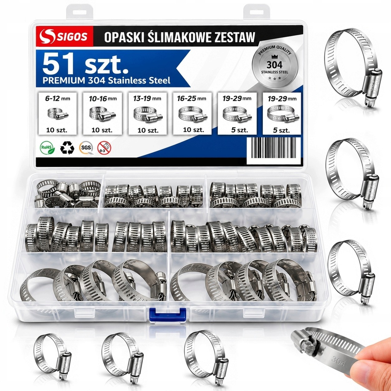 Zestaw 51 szt Obejma Opaski Ślimakowe Metalowe 304 Stal Nierdzewna Odporne