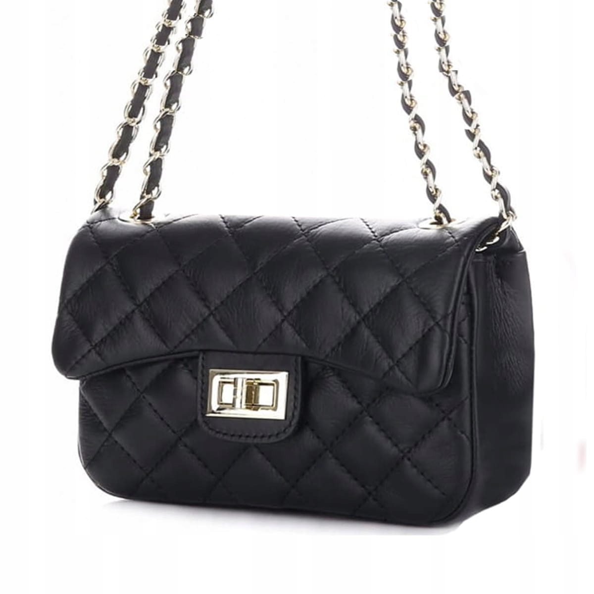Czarna średnia pikowana torebka na łańcuszku skóra naturalna