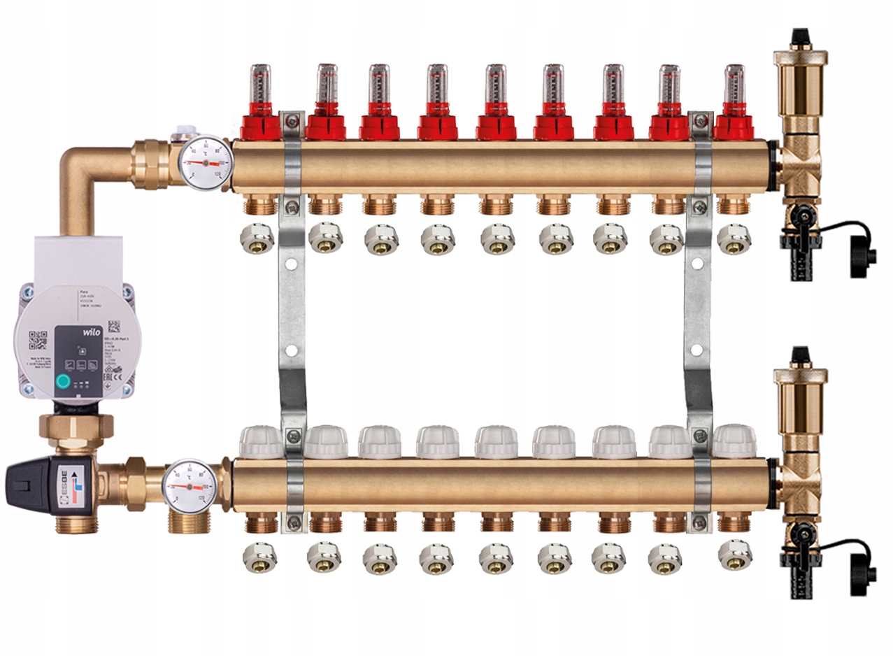 Mosazný rozdělovač pro podlahovku 9 s Pumpovou Skupinou Wilo Pex Spojky