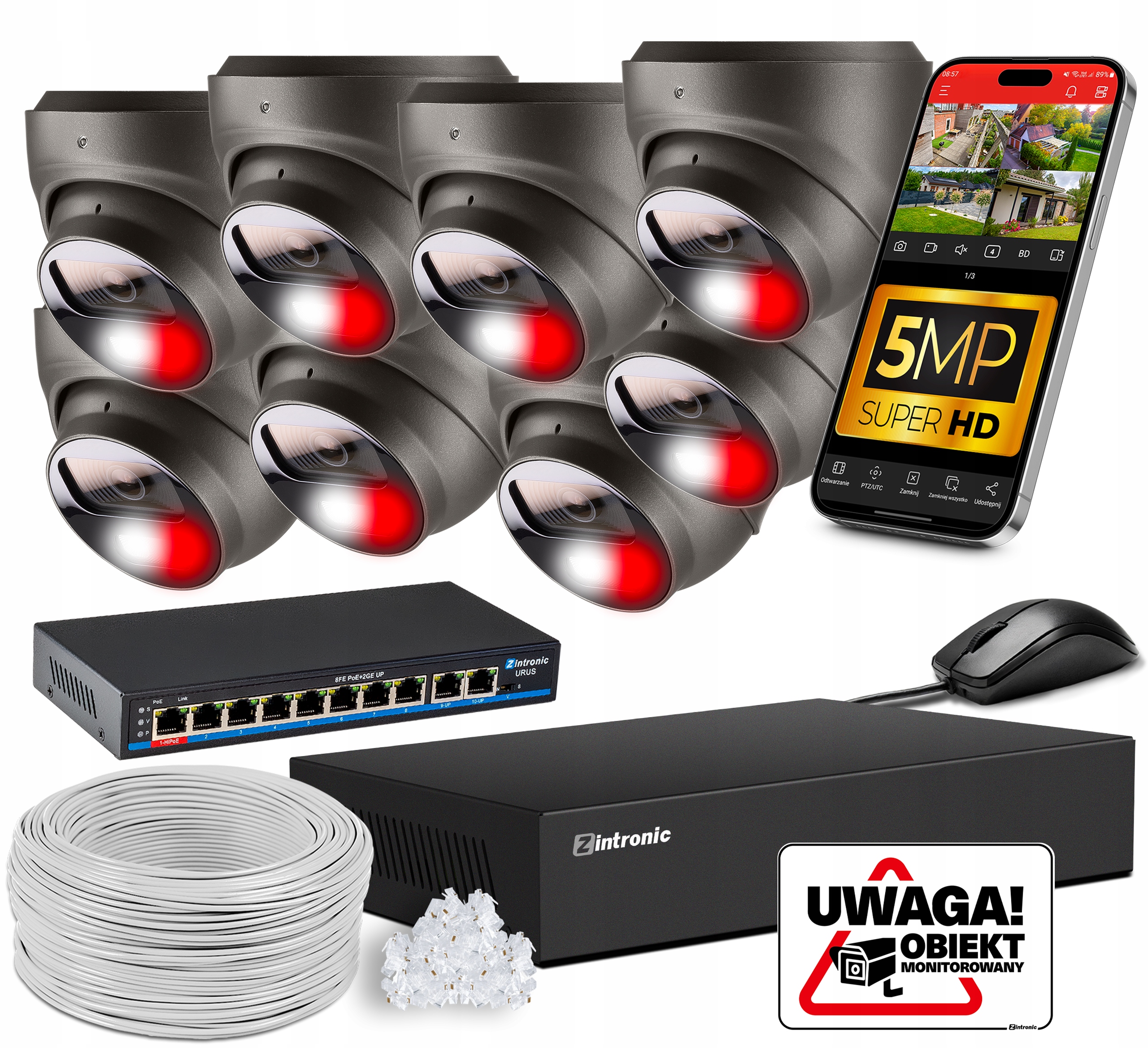 Sada Monitoringu Ip PoE 8 Kamer 5MPx Šedá Bez Disku Detekce Switch