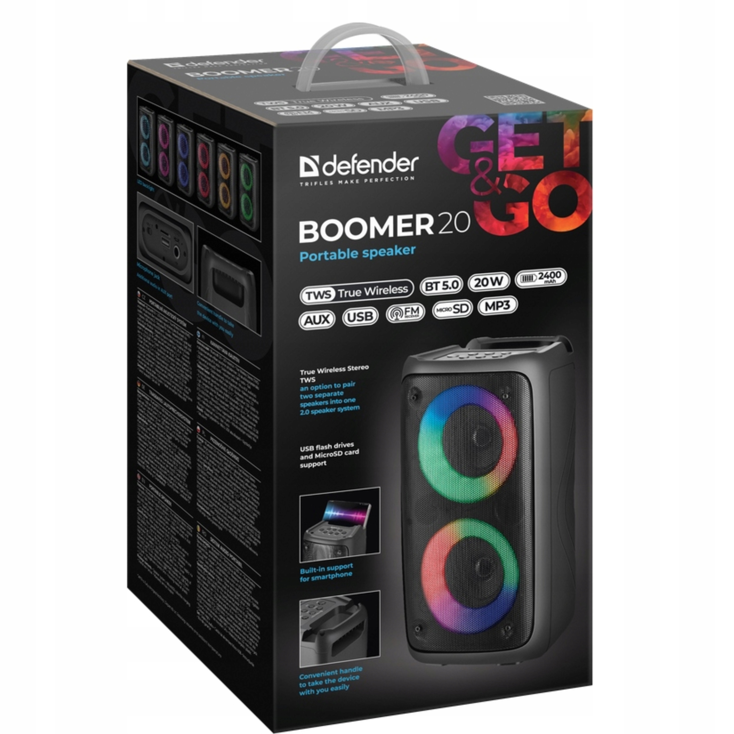 GŁOŚNIK DEFENDER BOOMER 20 BLUETOOTH 20W LIGHT/BT/FM/USB/AUX/MIC — 16