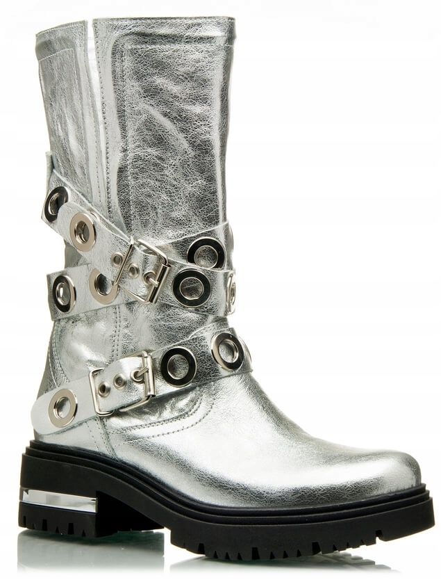 Stříbrné kotníkové boty kanady dámské kozačky platforma kůže R.Polański 40