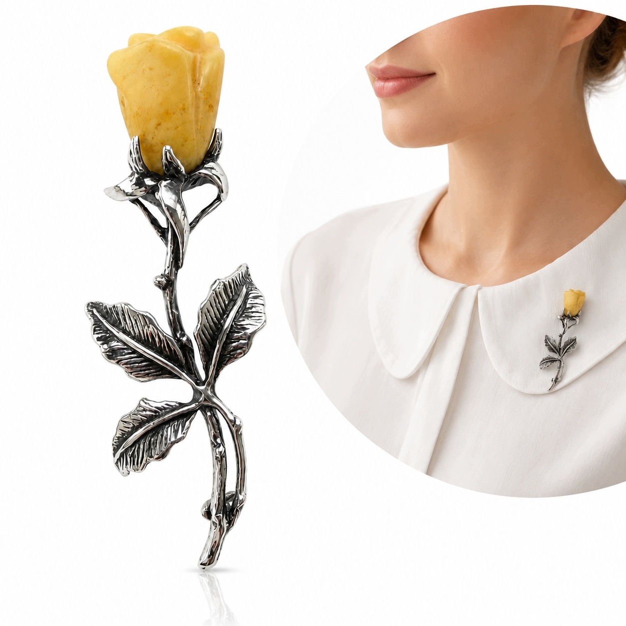 Brož stříbrná růže s mléčným jantarem, oxidovaná, elegantní pro ženy