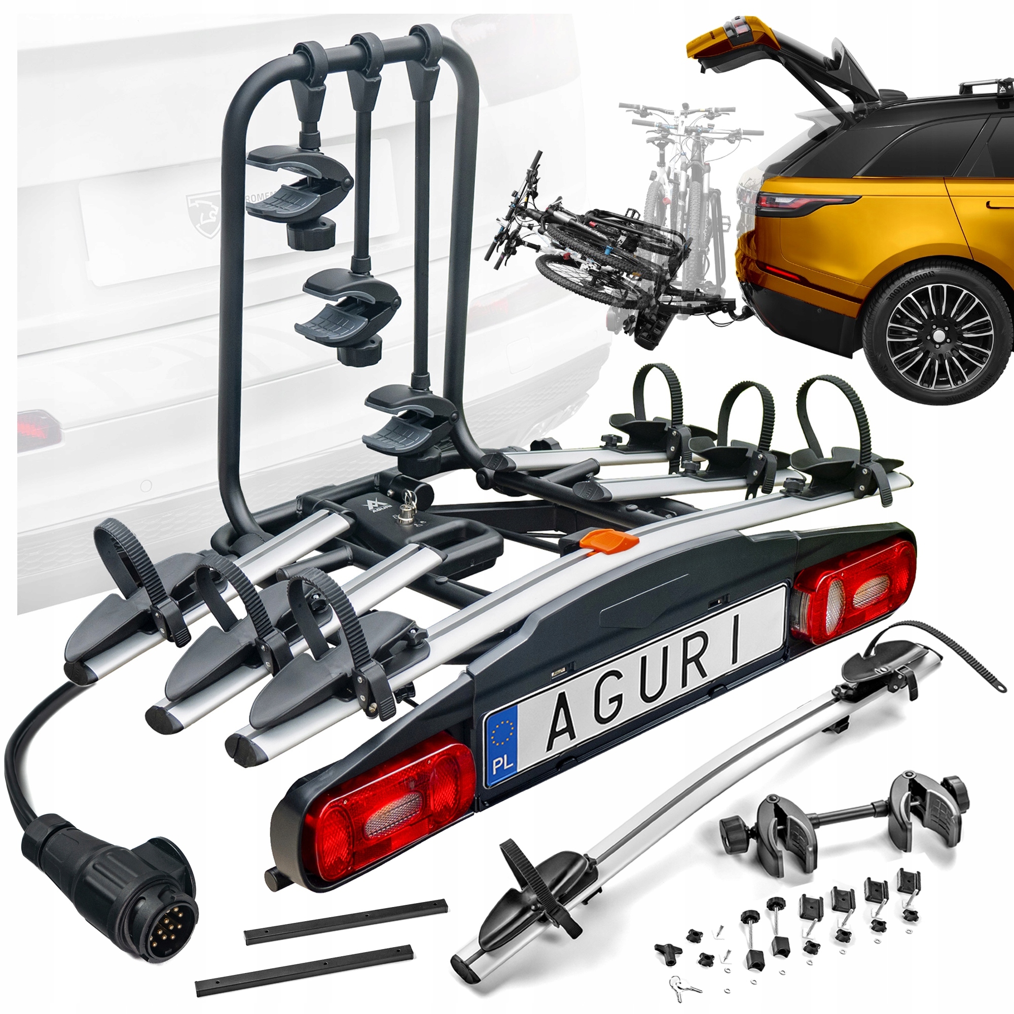 Nosič Jízdních Kol Na Hák Aguri Active Bike pro 4 jízdní kola Výklopný Stříbrný