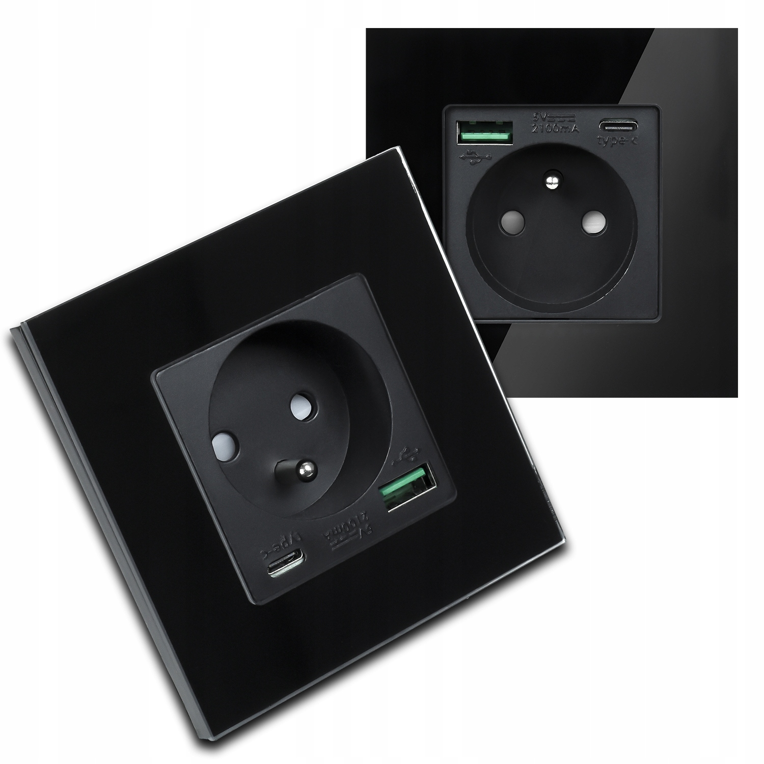 2x Skleněná Černá Elektrická Zásuvka Kontakt Nástěnná Usb Nabíječka