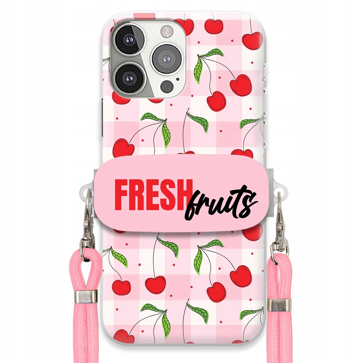 Puzdro pre iPHONE 13 Pro držiak na šnúrku Ružový Fresh Fruits Mriežka