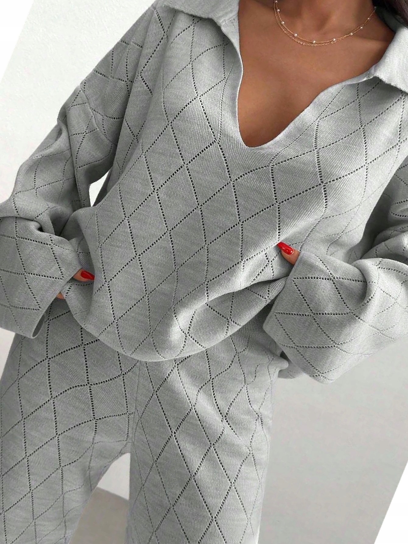 Pletený komplet Oversize s límcem na podzim šedý 3XL 46