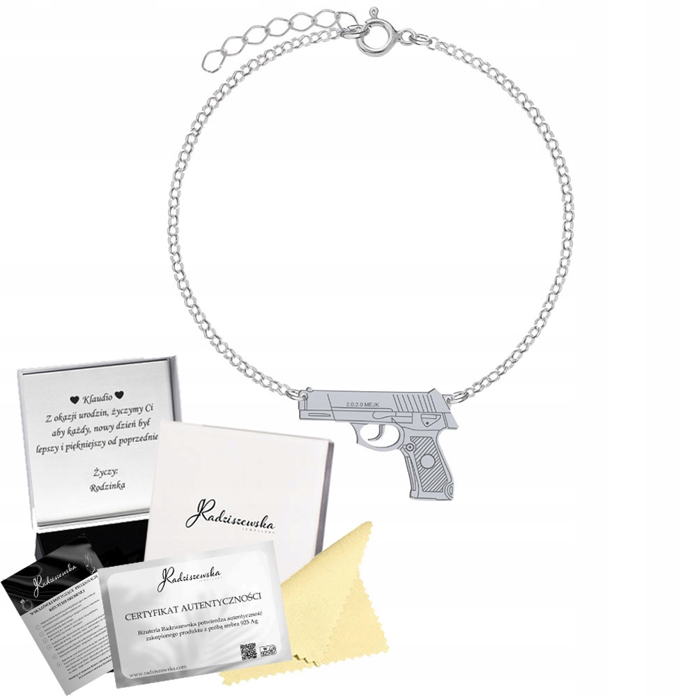 Stříbrný náramek Pistole Řetízek 925. Narozeniny Šperky Gravírování Bonus