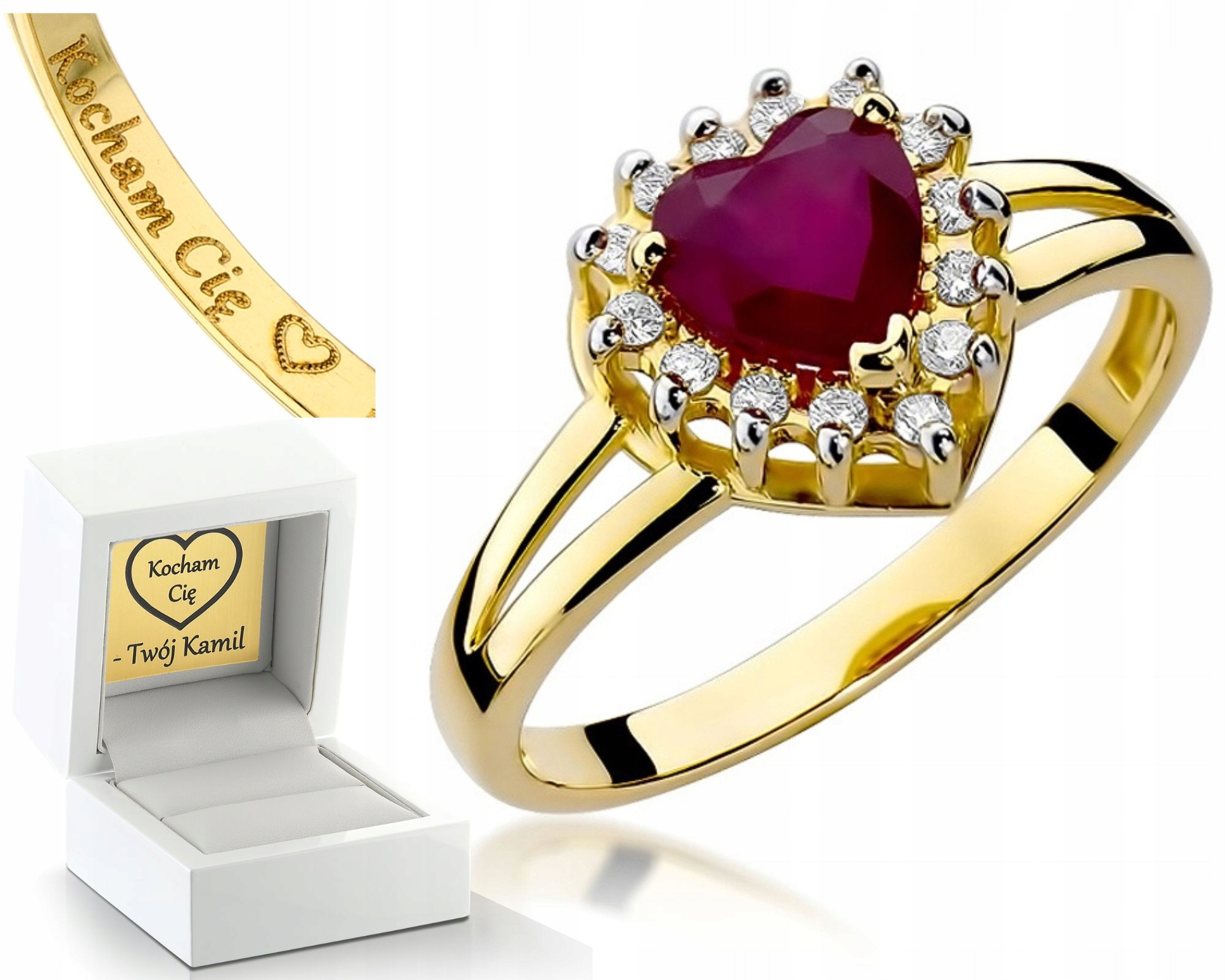 Zlatý Prstýnek S Rubínem Srdce Gravírování Bonus