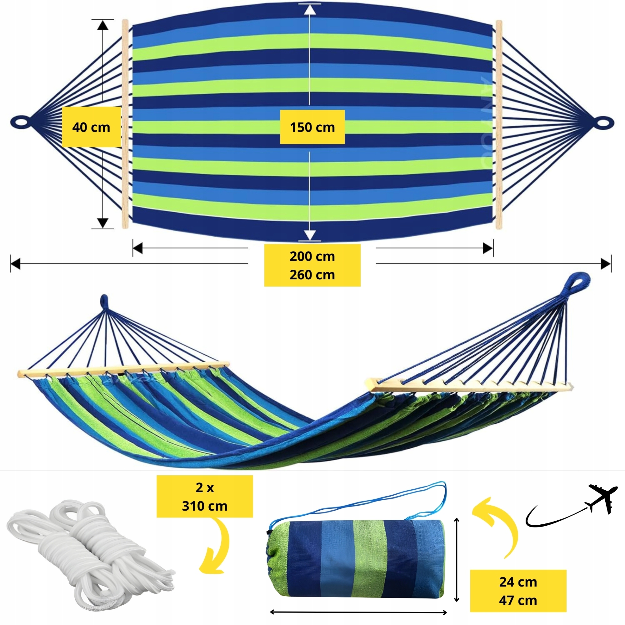 HAMAK OGRODOWY Z DRĄŻKIEM DO LEŻENIA LEŻANKA MOCNY TURYSTYCZNY ZESTAW XXL Kolor dominujący odcienie niebieskiego