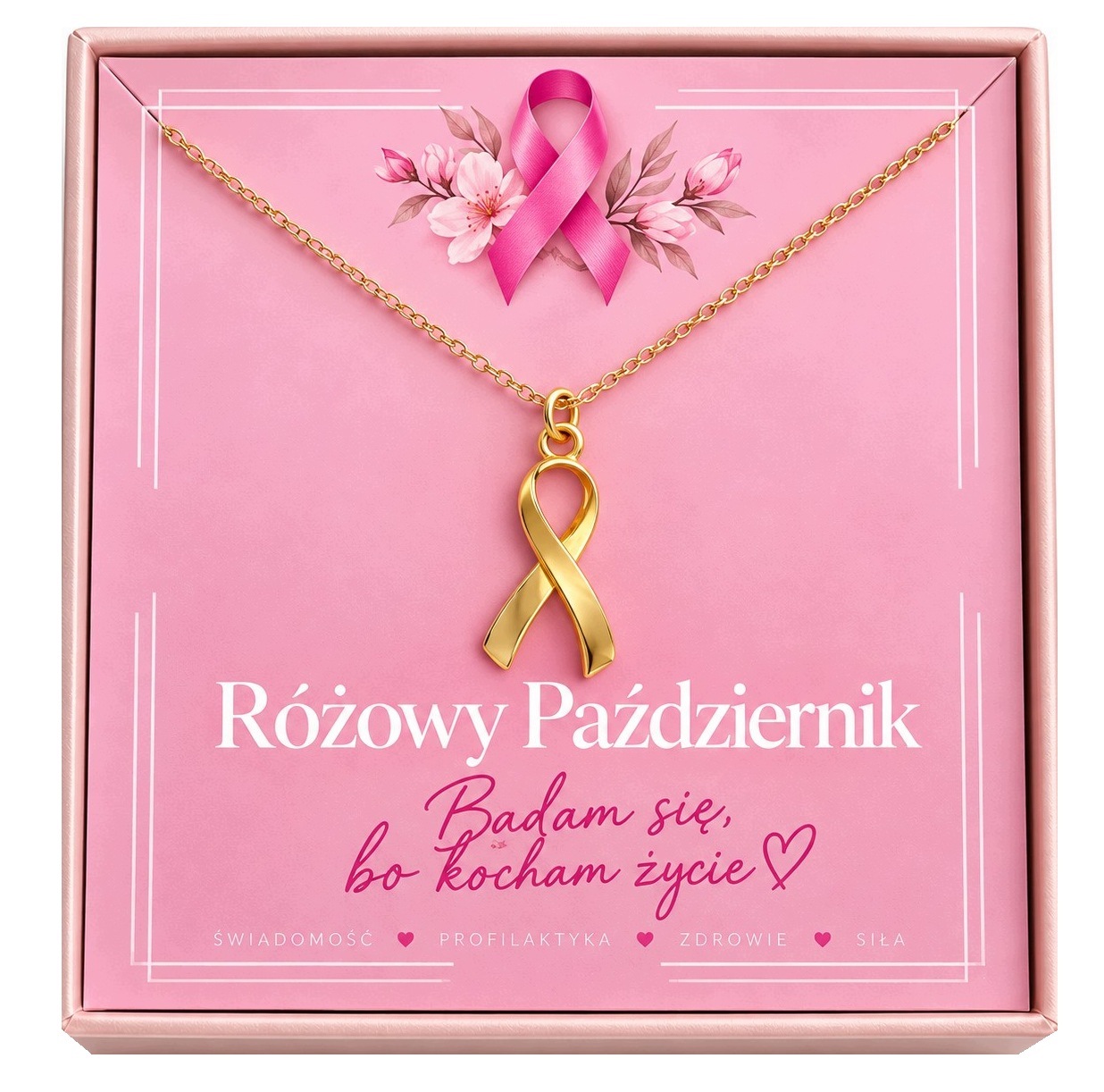 Růžový Říjen Náhrdelník s stužkou a stužkou, symbol rak, stříbro, pozlacený