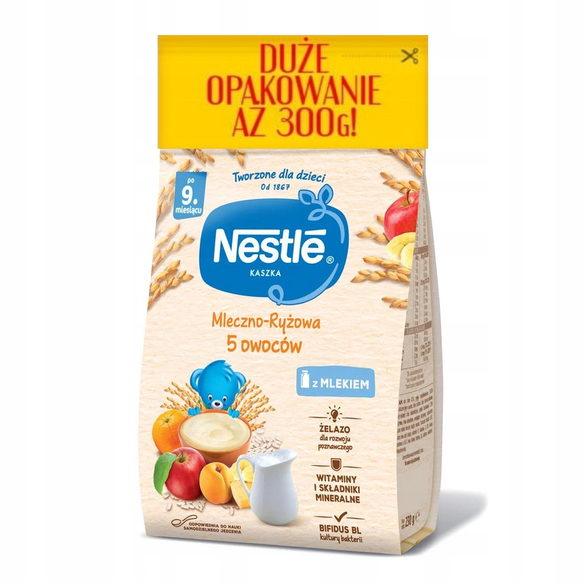 NESTLE Kaszka mleczno-ryżowa 5 owoców 9 mc 300g