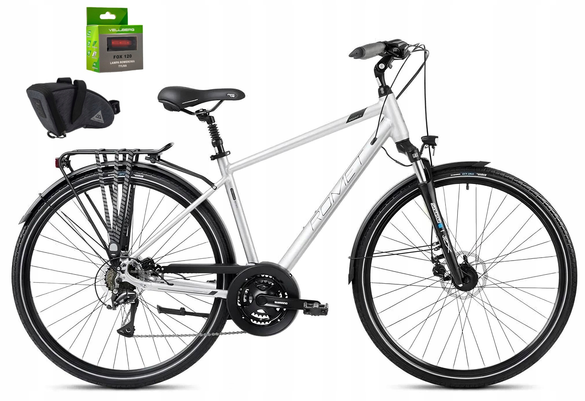 Rower Trekkingowy 28 Romet Wagant 4 Srebrno-czarny M 19″ sakwa lampk