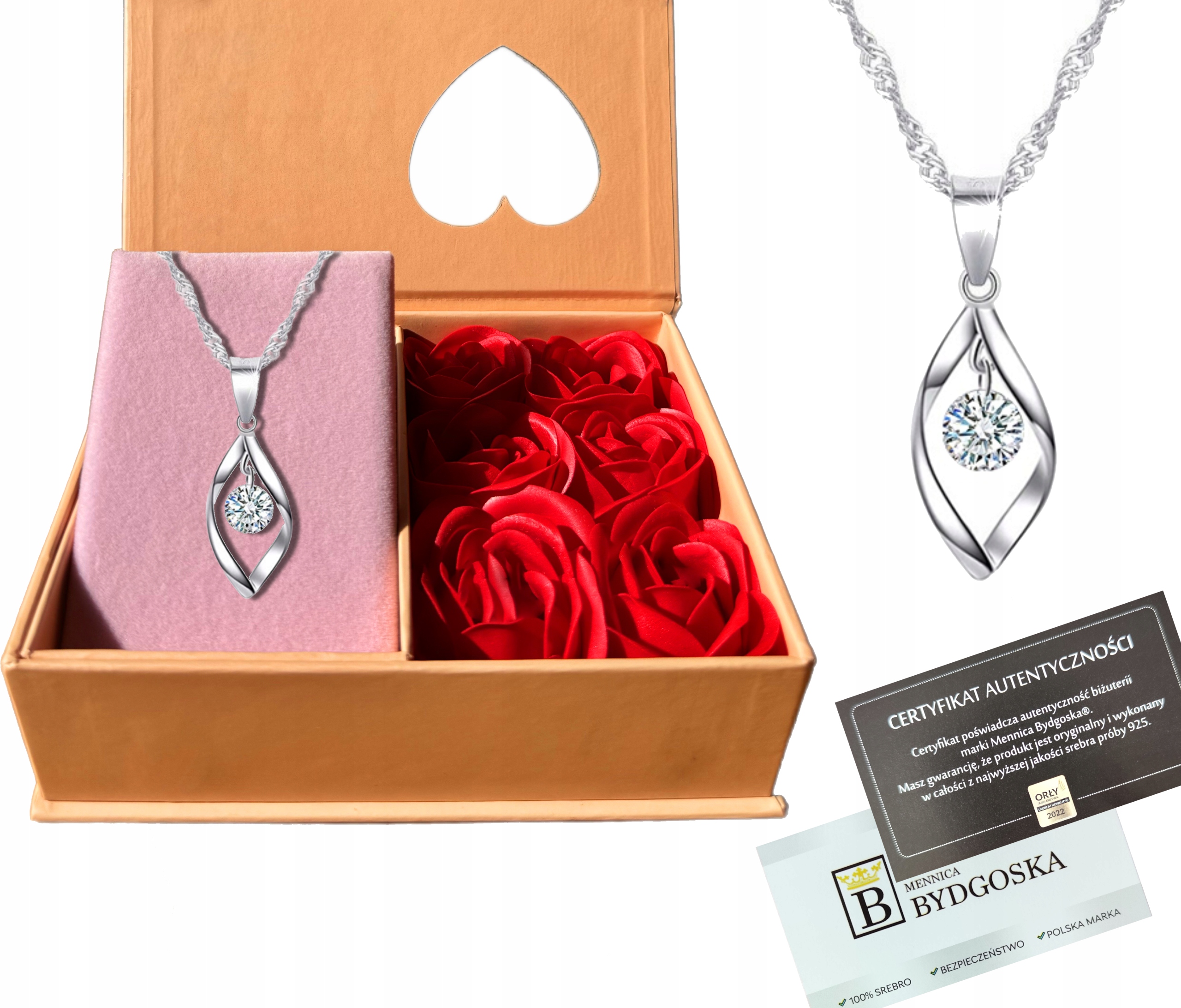 Naszyjnik srebrny łańcuszek damski z zawieszką szkatułka róża srebro 925
