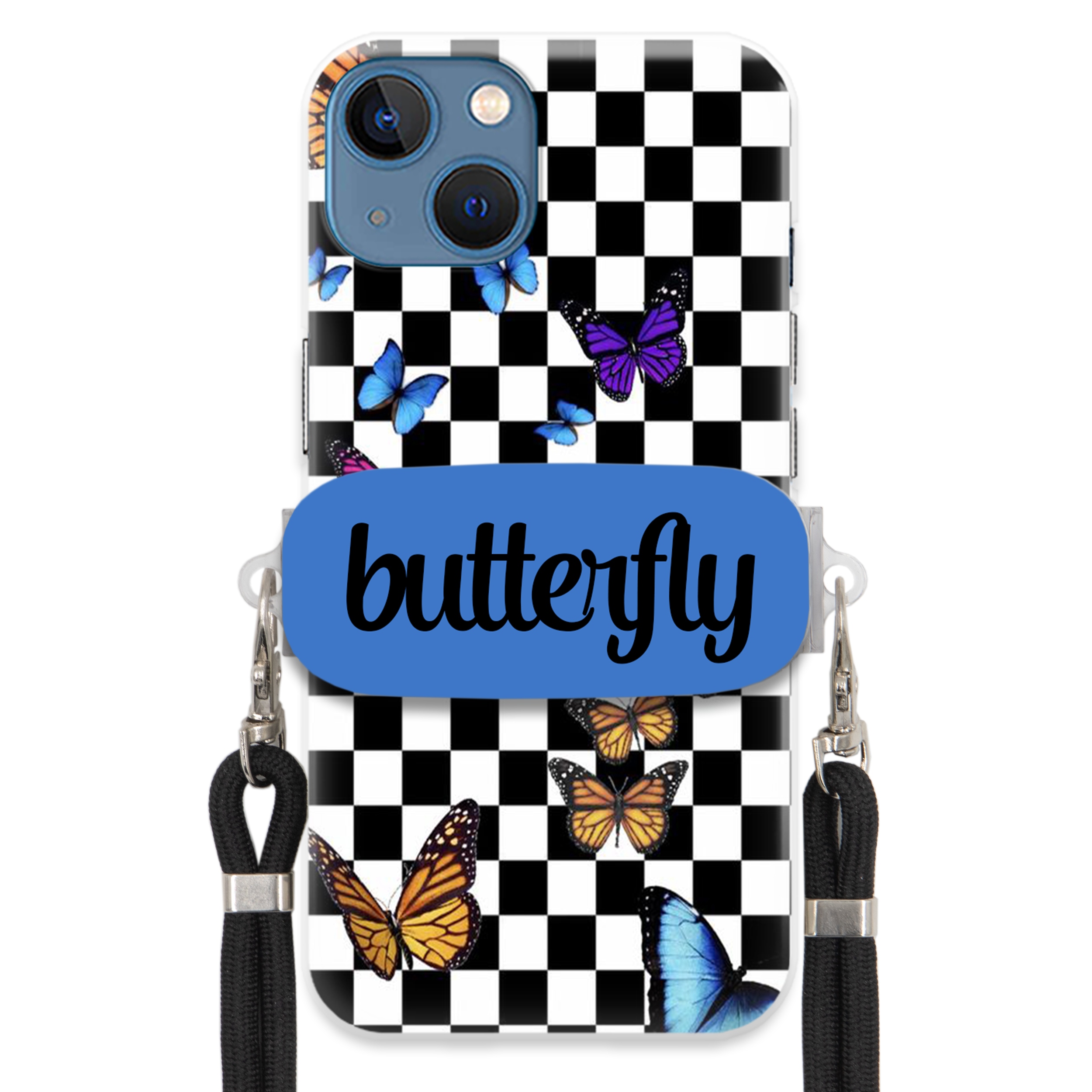 Puzdro Pre iPHONE 14 Case Držiak Obdĺžnikový Čierny Vodítko Butterfly Motýle