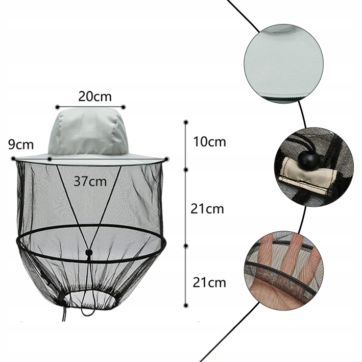 KAPELUSZ Z SIATKĄ NA KOMARY SZARY POLIESTER REGULOWANY NA CAMPING Wzór dominujący bez wzoru