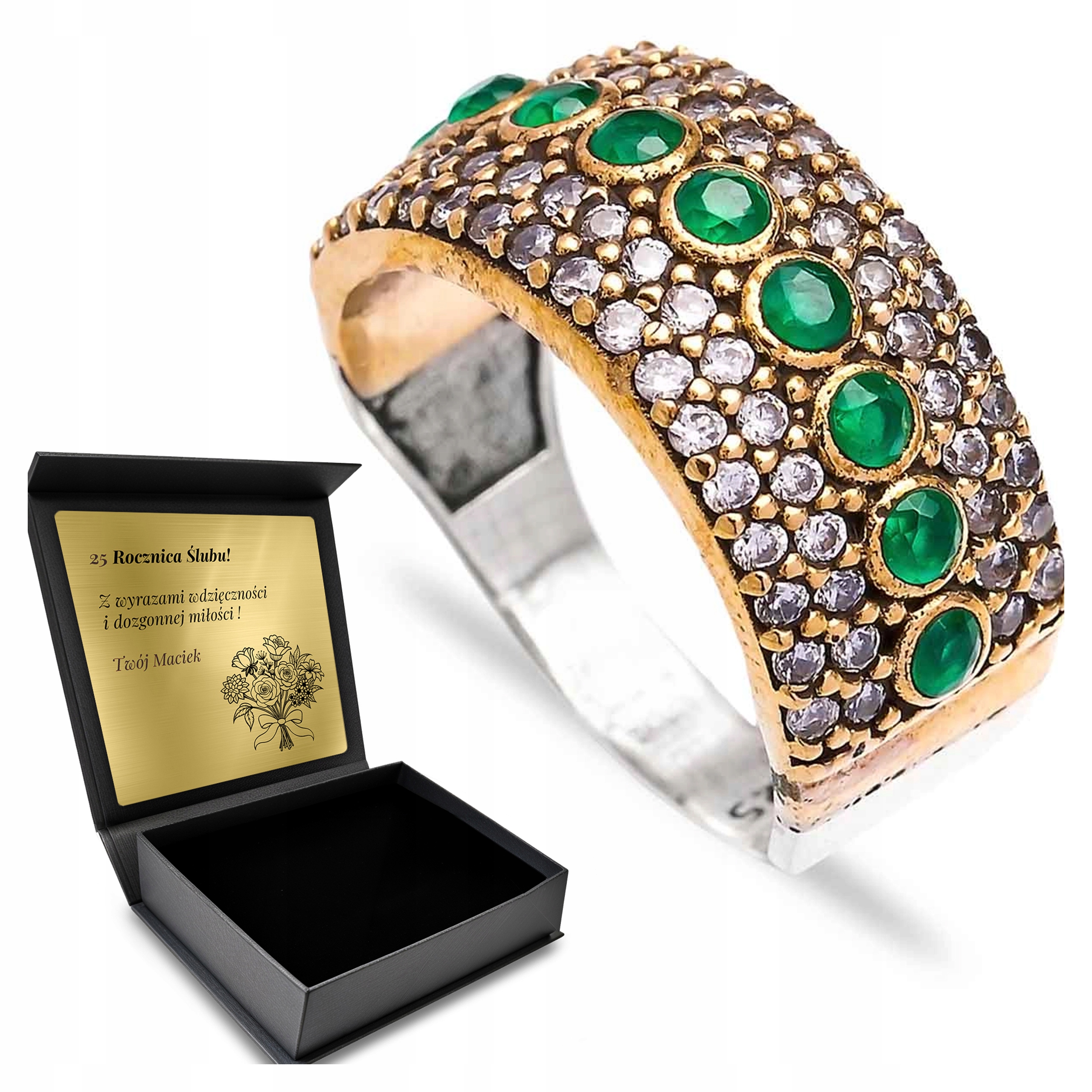 Prstýnek Šerbny 925 Zirkony Smaragd Šperky Pro Ženy Gravírování