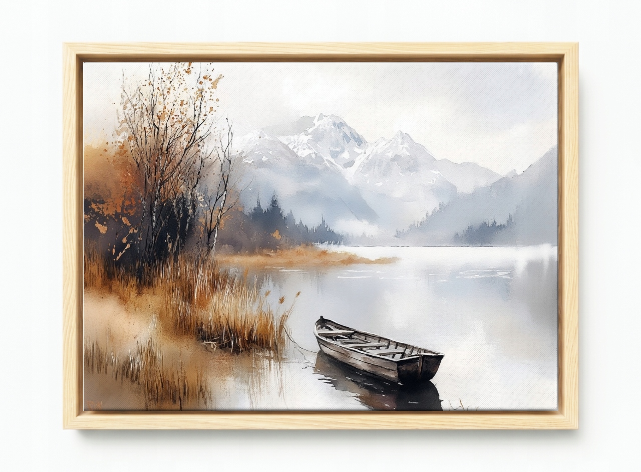 Obraz Rám Americký Box Krajina Venkovní Hory Jezero Loďka Mlha Podzim 60x40
