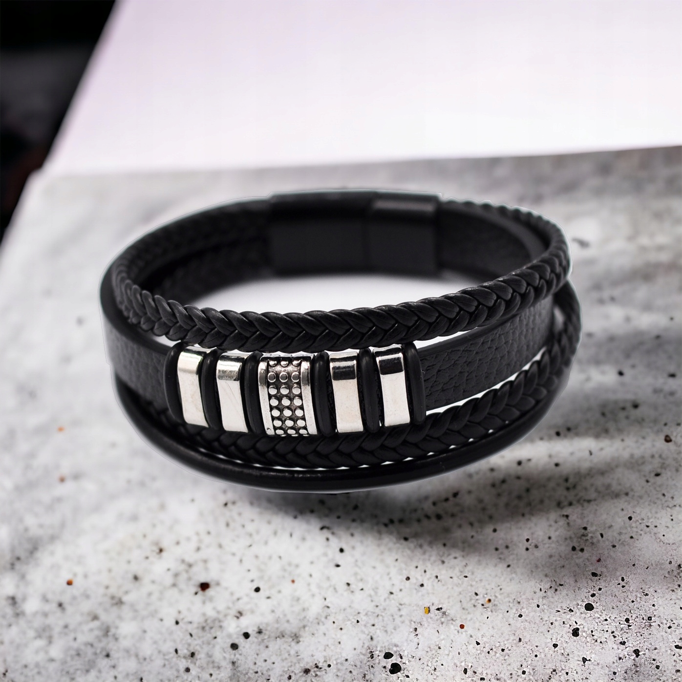 ELEGANCKA BRANSOLETKA MĘSKA SKÓRZANA ELITE stal 316L czarna M57 PUDEŁKO Kod producenta ELITE