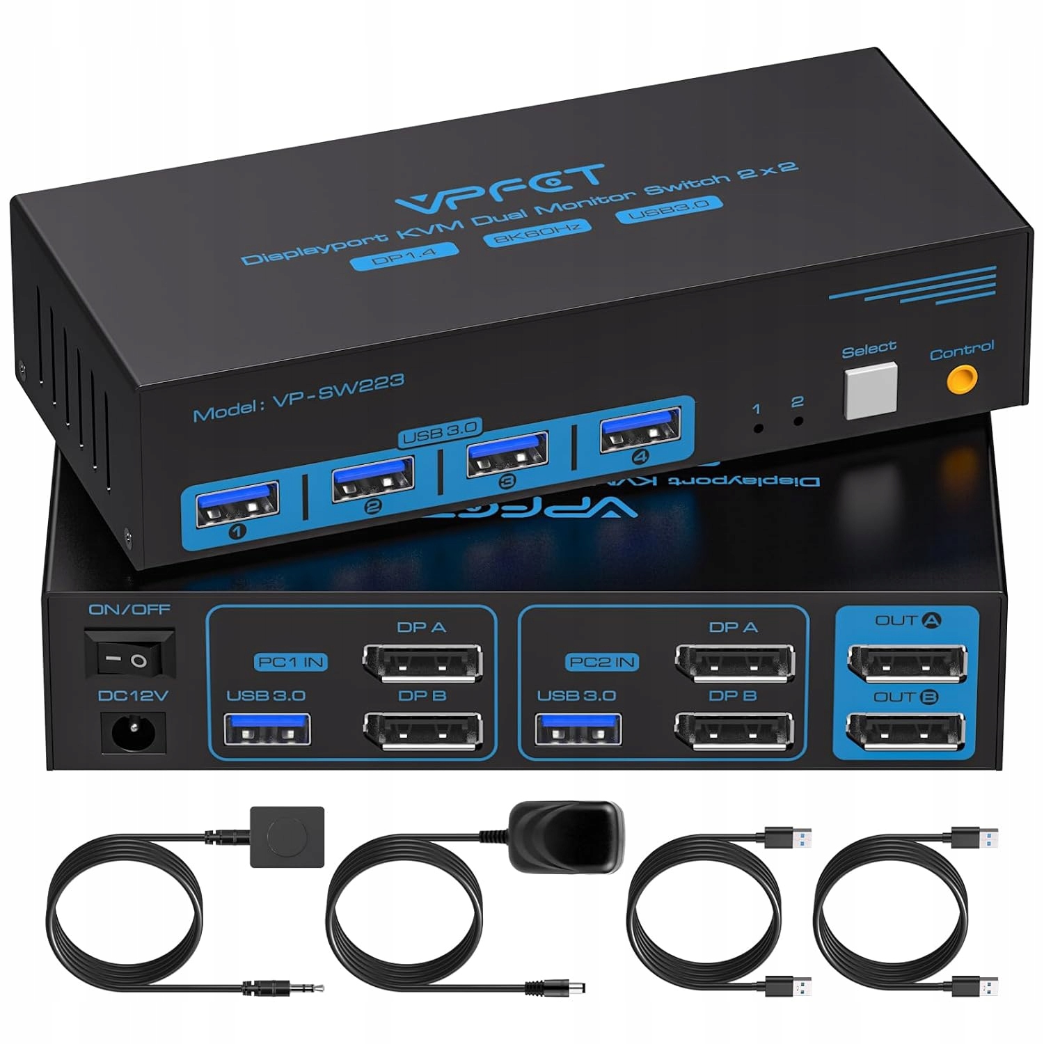 Přepínač Kvm DisplayPort 2xPC pro 2 monitory 4K120Hz 8K60Hz USB3.0