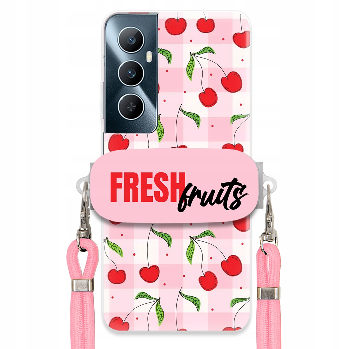 Puzdro na Realme C65 4G Case držiak na šnúrku Ružový Fresh Fruits Mriežka