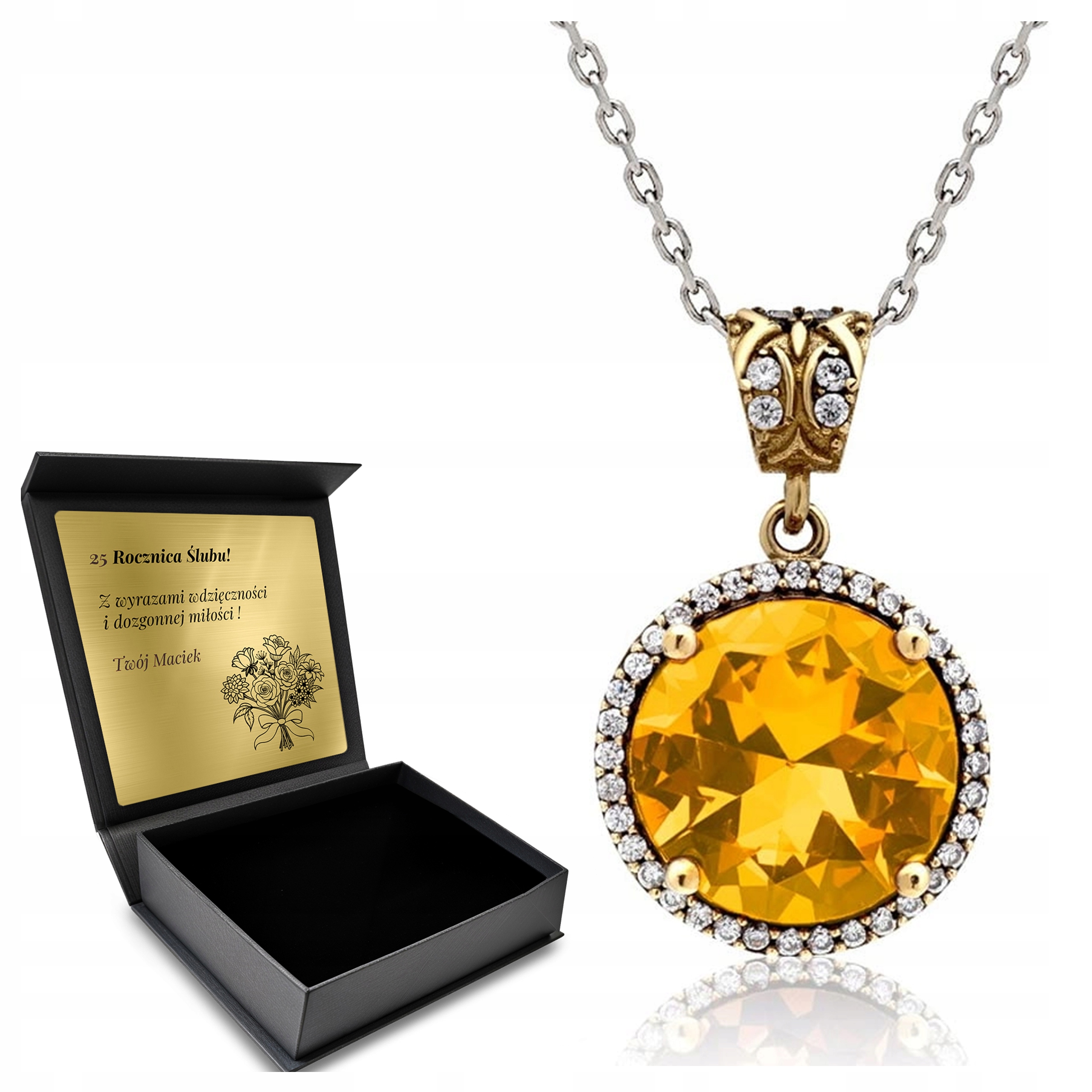 Stříbrný Náhrdelník 925 Zirkony Citron Dárek pro ženu Gravírování Bonus