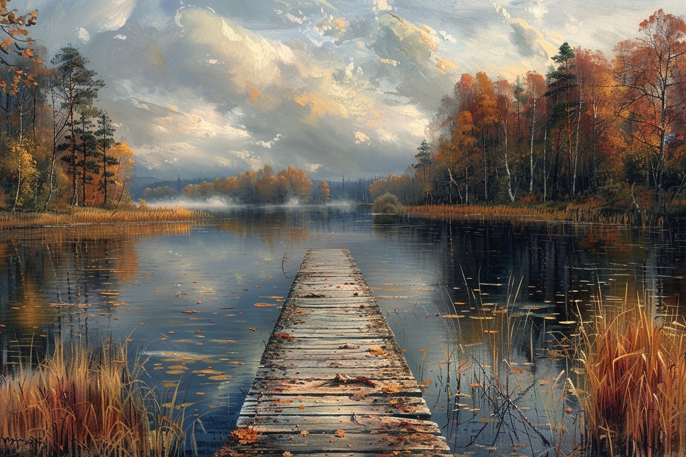 Obraz Na Plátně Canvas Krajina Les Jezero Most Molo Podzim Mlha 120x80