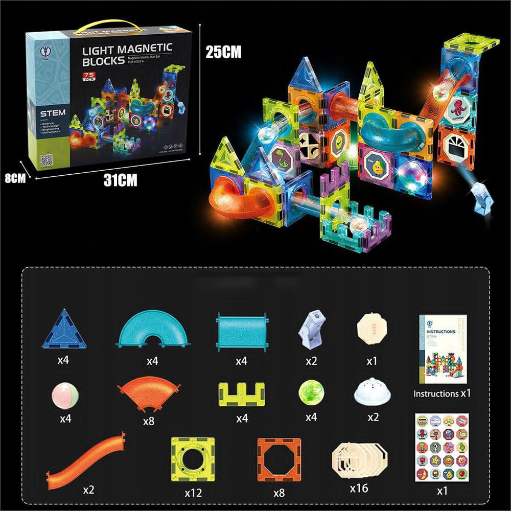 KLOCKI MAGNETYCZNE KONSTRUKCYJNE ŚWIECĄCE 75EL Wiek dziecka 3 lata +