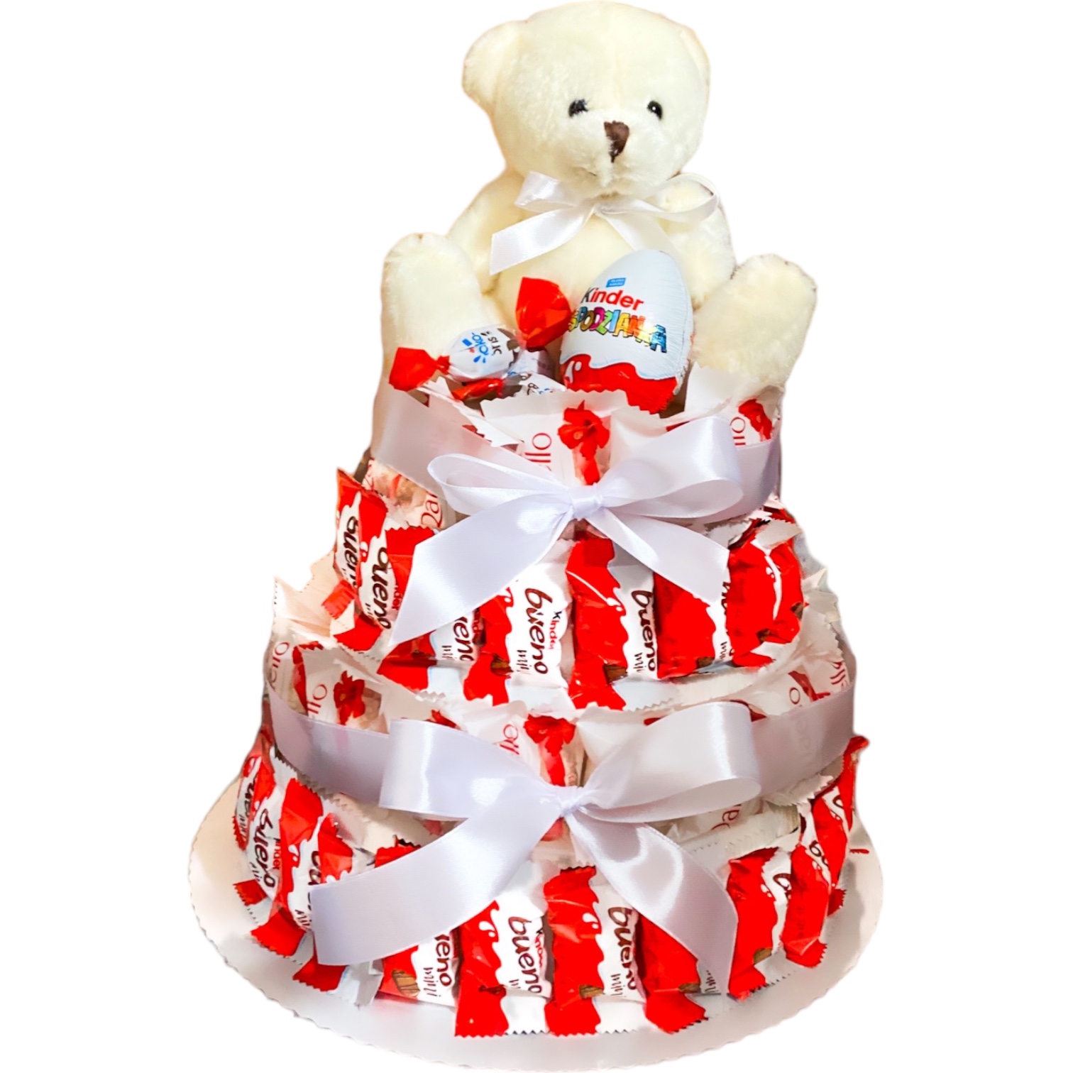 Zestaw prezentowy Tort Kinder na Urodziny dla Dziecka biały miś Kinderki