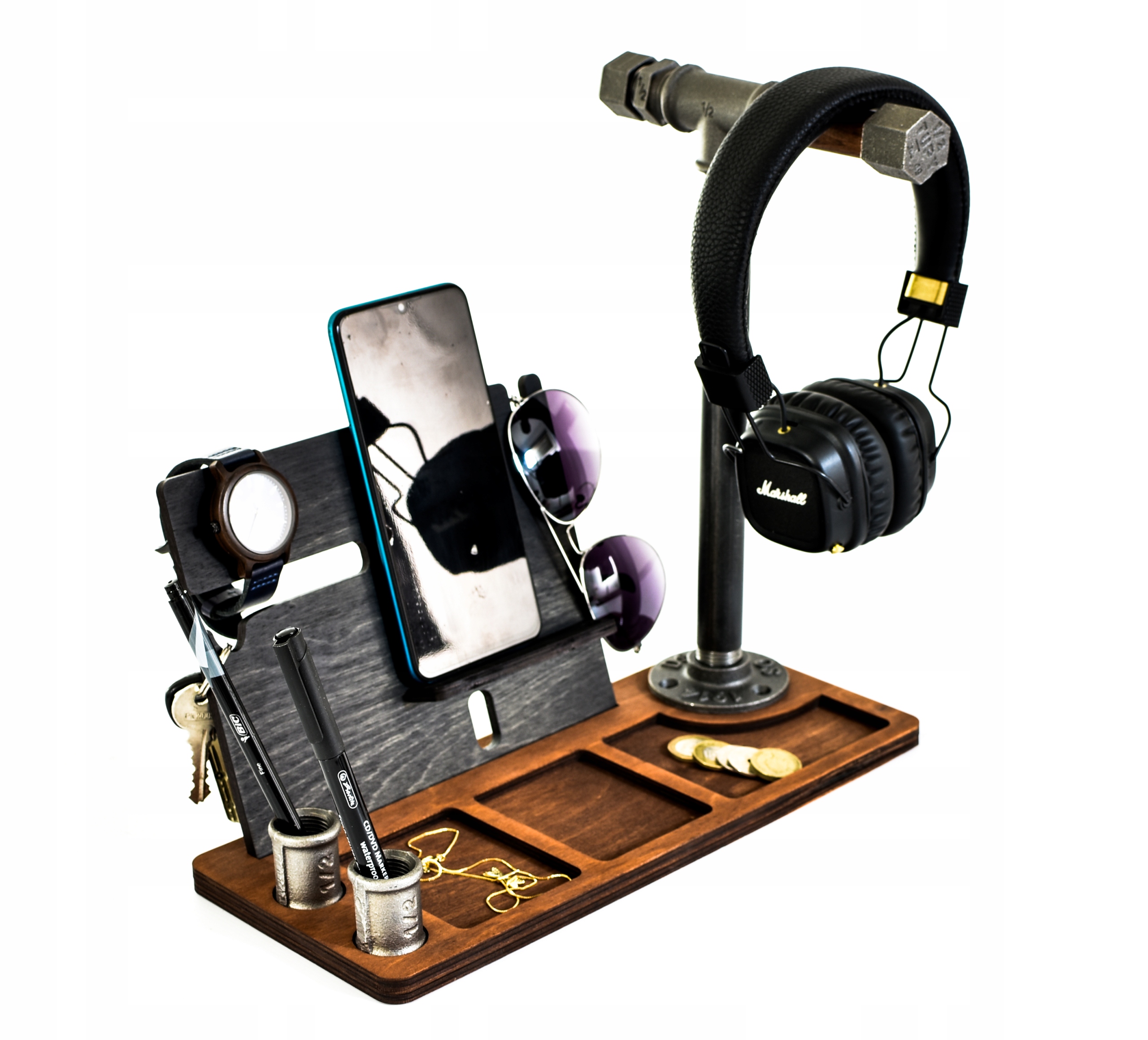 Stacja dokująca smartfon telefon organizer zegarek na biurko drewniana loft