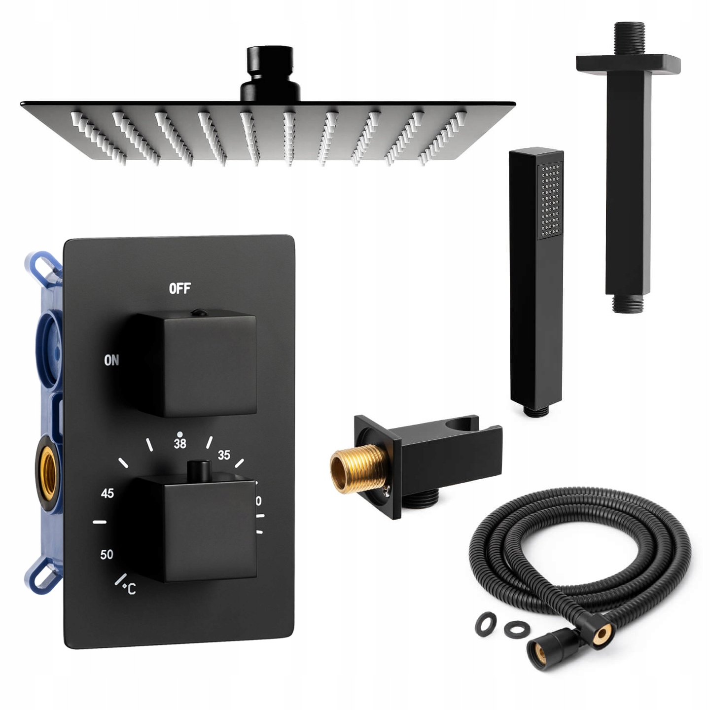 Čierna podomietková batéria s stropným termostatom Sannit s dažďovou sprchou 20 cm