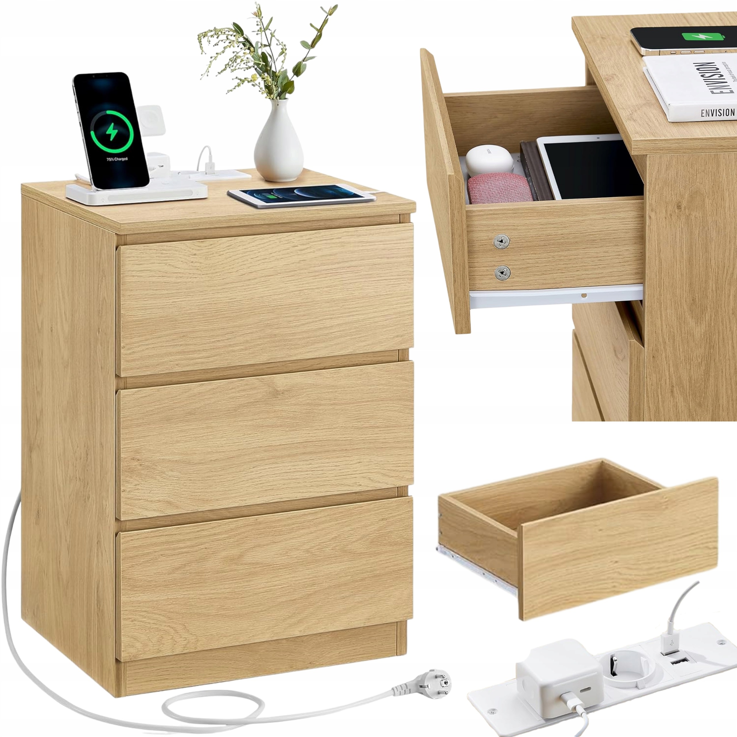 Noční Stolek s zásuvkou 2x Usb Noční stolek 3 zásuvky Moderní světlá