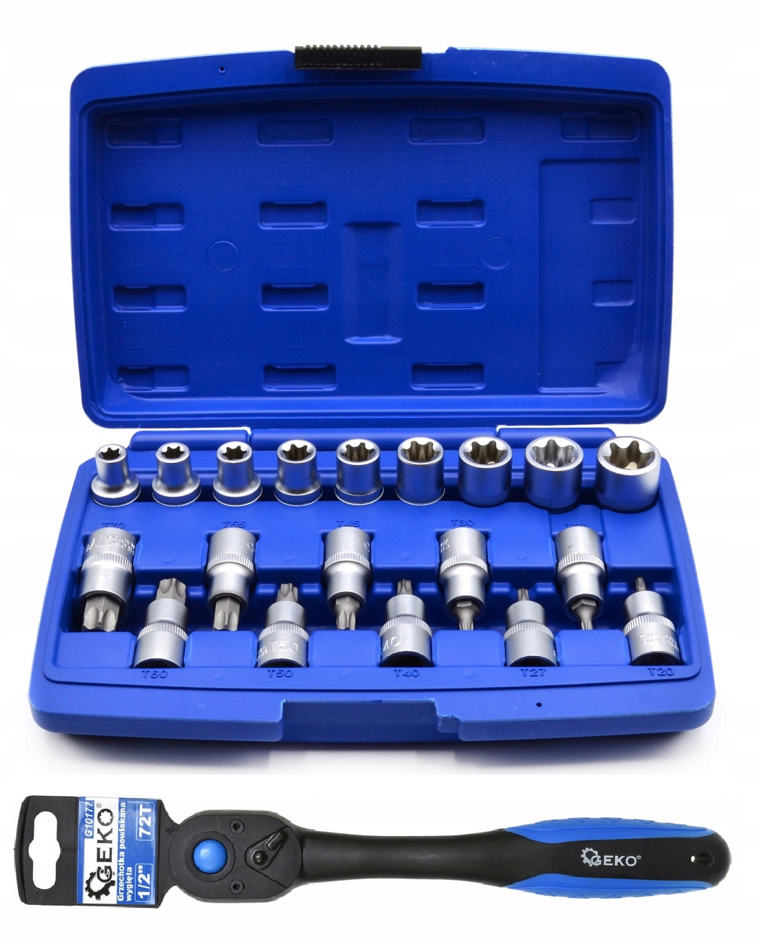 ZESTAW NASADEK BITÓW TORX KLUCZY 1/2 NASADKI BITY 19 EL + GRZECHOTKA KLUCZ