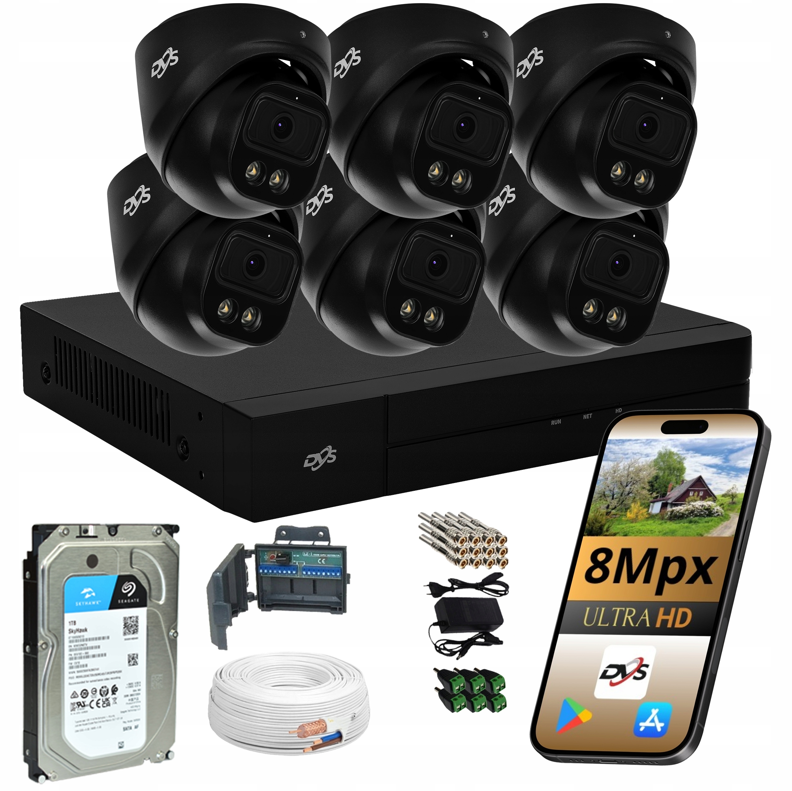 Sada 6 Kamer Pro Monitorování Analogové Černé 8Mpx aplikace Dvs Disk 1TB