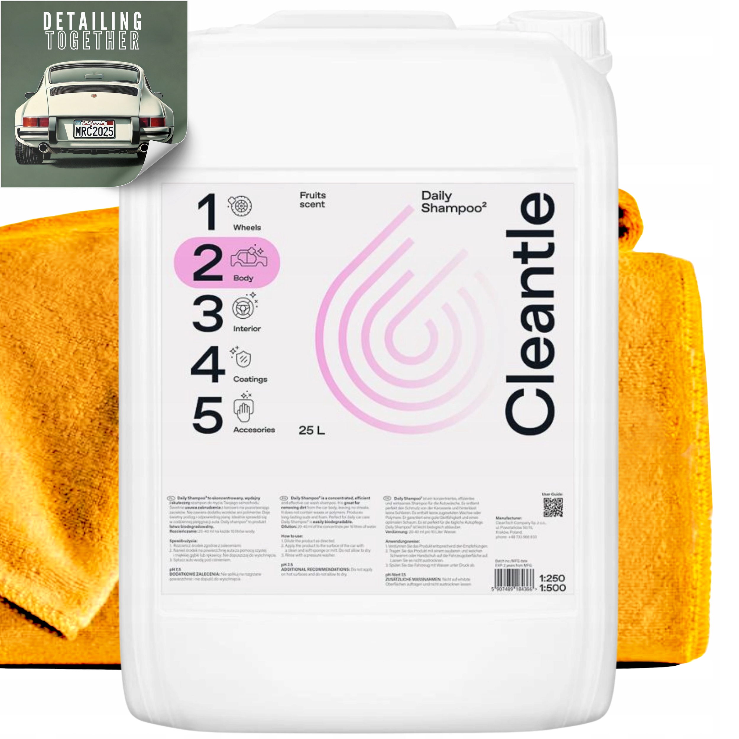 Sada Cleantle Daily Shampoo 25L Bezpečný šampón do auta Ovocná vôňa
