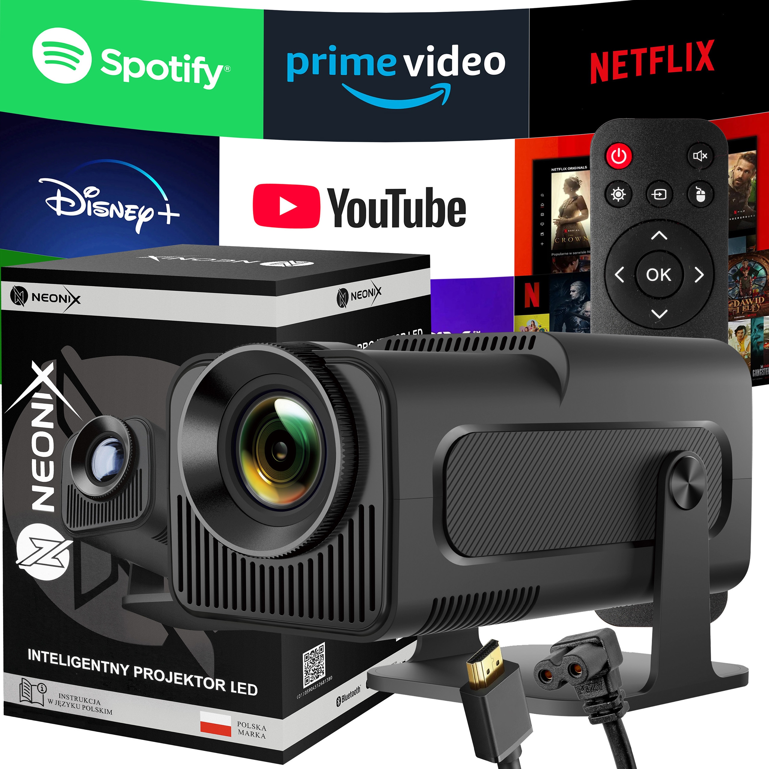 PROJEKTOR RZUTNIK ANDROID TV WIFI LED PRZENOŚNY SMART GŁOŚNIK OBROTOWY MINI