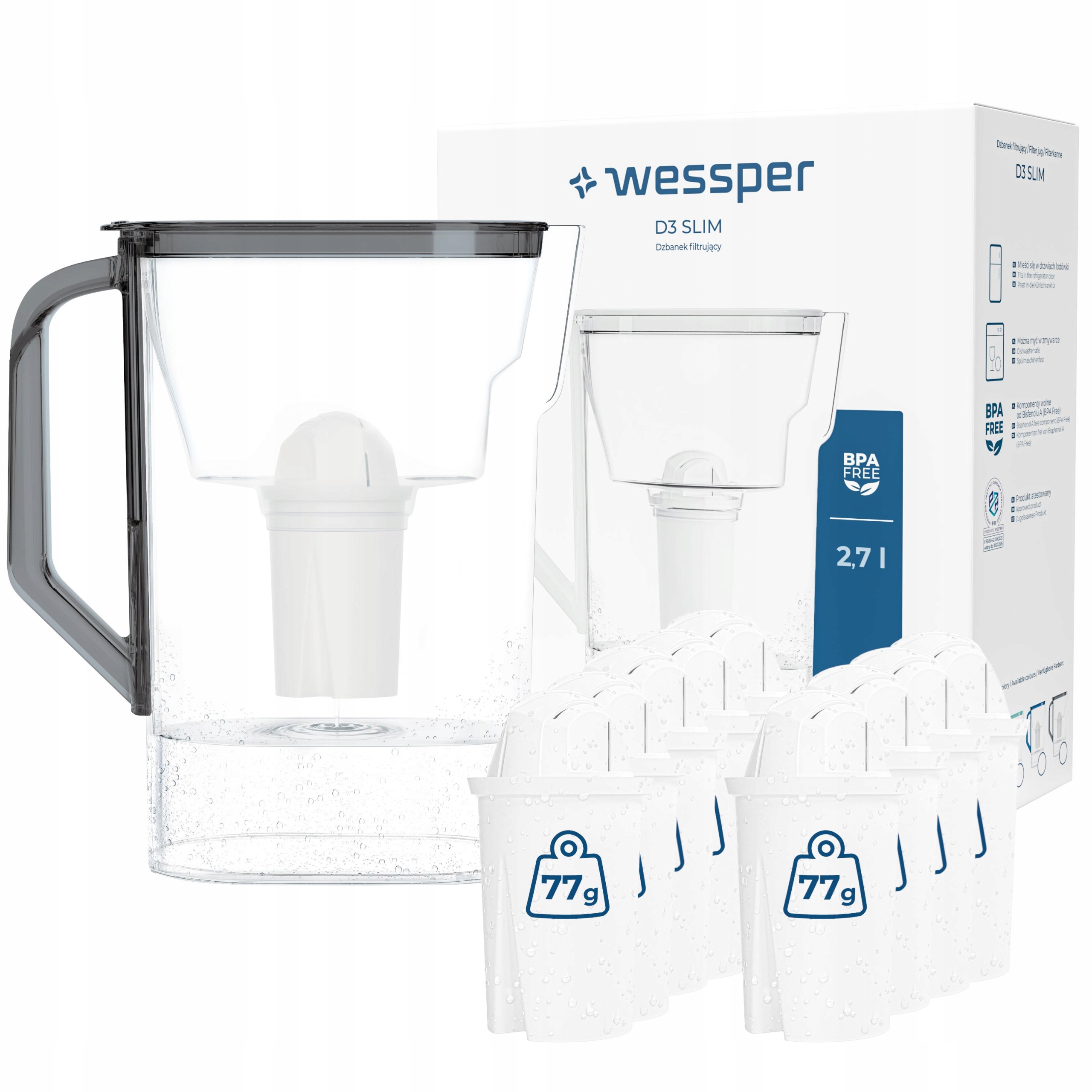 Dzbanek filtrujący wodę Wessper D3 Slim 2,7l do lodówki 10x filtr wody